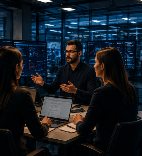 Foto: equipe técnica em reunião analisando arquitetura e dashboards